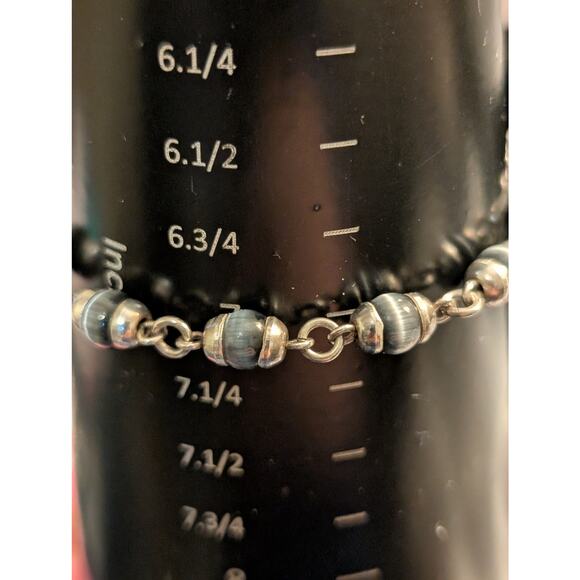 Vintage Gray Cat's Eye Glass Bead 925 Sterling Silver Hook Clasp Bracelet - Picture 3 of 7